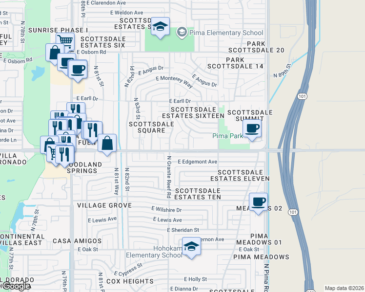 map of restaurants, bars, coffee shops, grocery stores, and more near 8443 East Thomas Road in Scottsdale