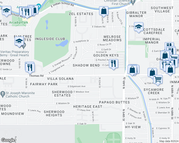 map of restaurants, bars, coffee shops, grocery stores, and more near in Scottsdale