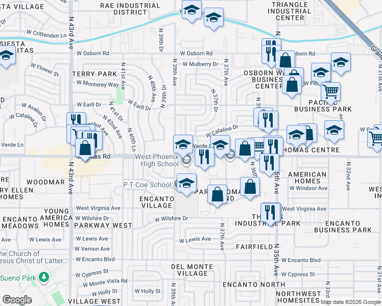 map of restaurants, bars, coffee shops, grocery stores, and more near 3803 West Thomas Road in Phoenix