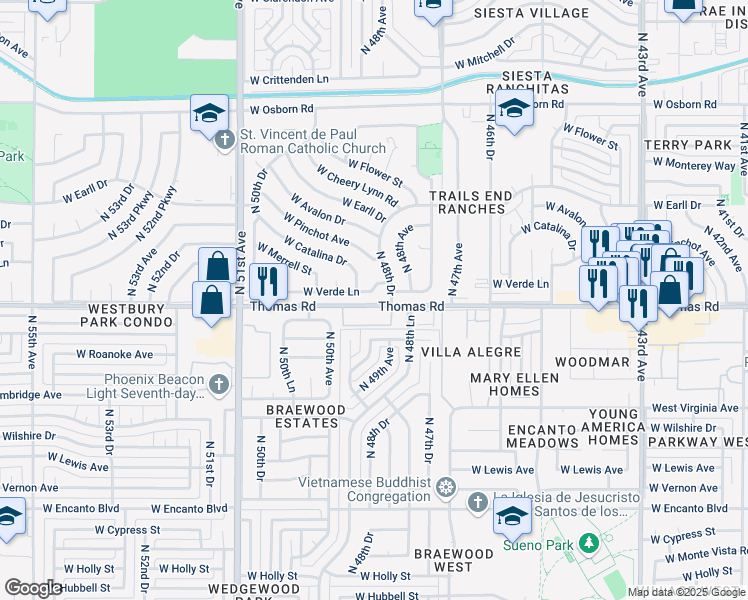 map of restaurants, bars, coffee shops, grocery stores, and more near 4903 West Thomas Road in Phoenix