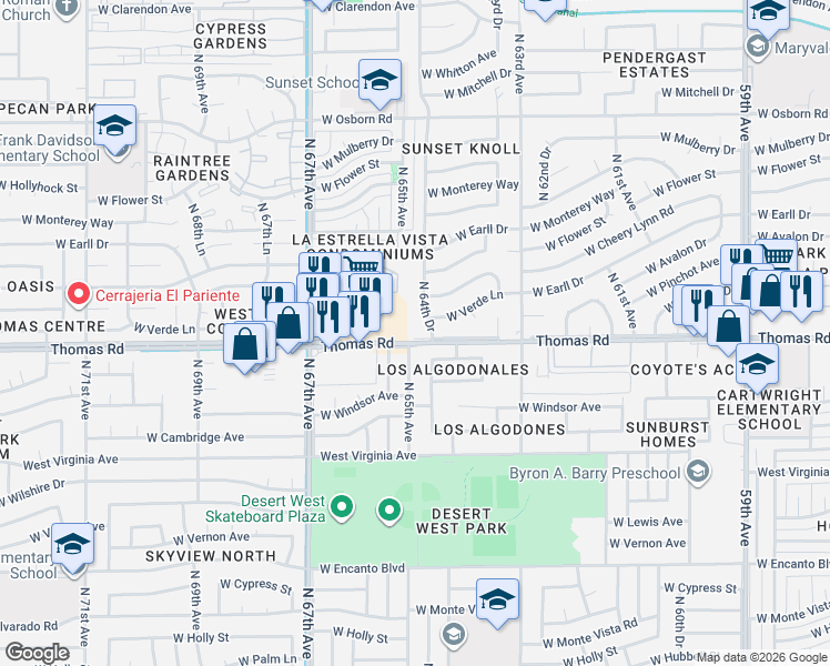 map of restaurants, bars, coffee shops, grocery stores, and more near 6420 West La Reata Avenue in Phoenix