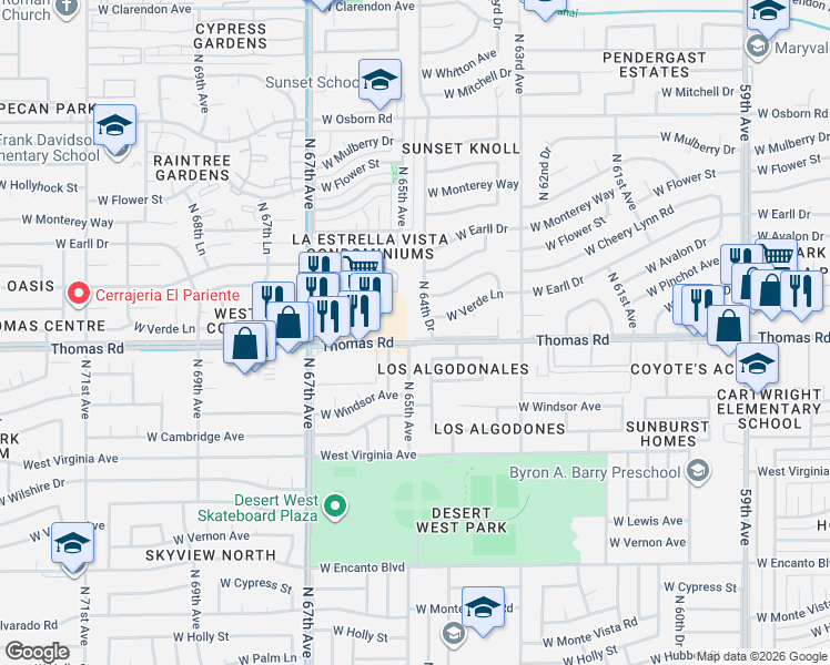 map of restaurants, bars, coffee shops, grocery stores, and more near 6420 West La Reata Avenue in Phoenix