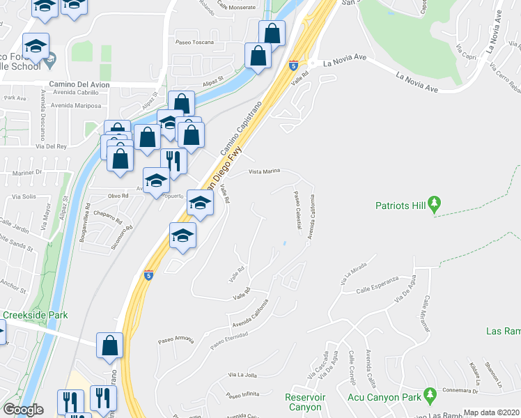 map of restaurants, bars, coffee shops, grocery stores, and more near 33542 Valle Road in San Juan Capistrano