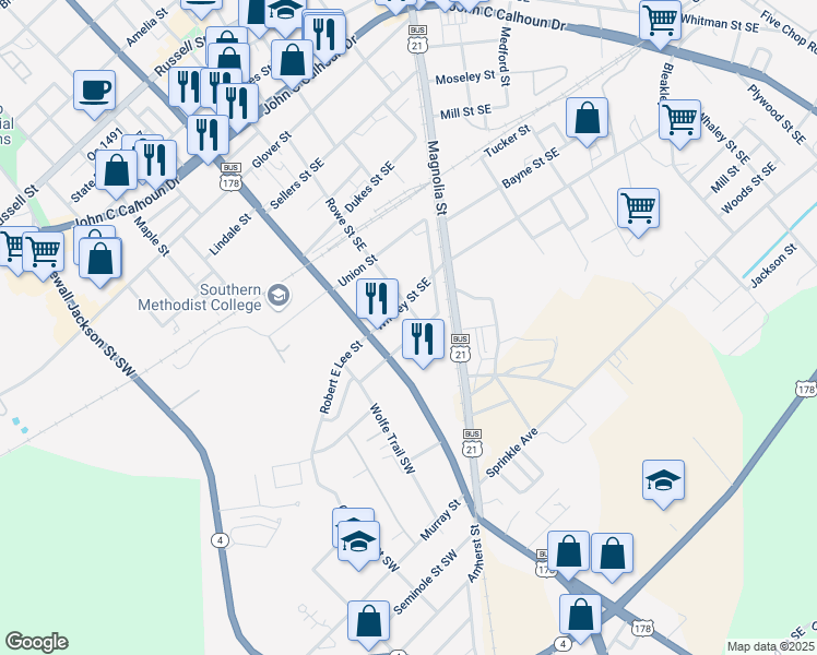 map of restaurants, bars, coffee shops, grocery stores, and more near 1037 Broughton Street in Orangeburg