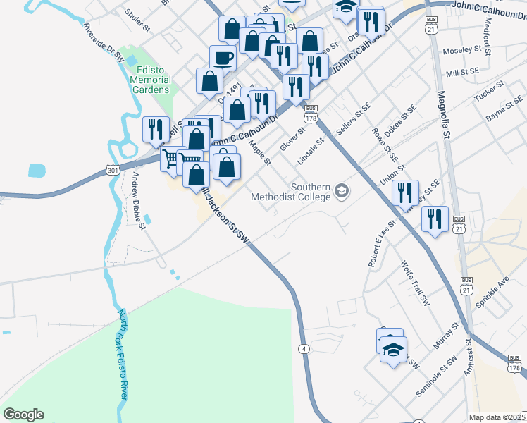map of restaurants, bars, coffee shops, grocery stores, and more near 499 Fletcher Street Southwest in Orangeburg