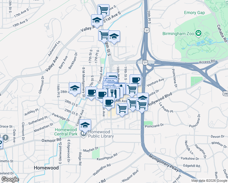 map of restaurants, bars, coffee shops, grocery stores, and more near 2835 18th Street South in Homewood
