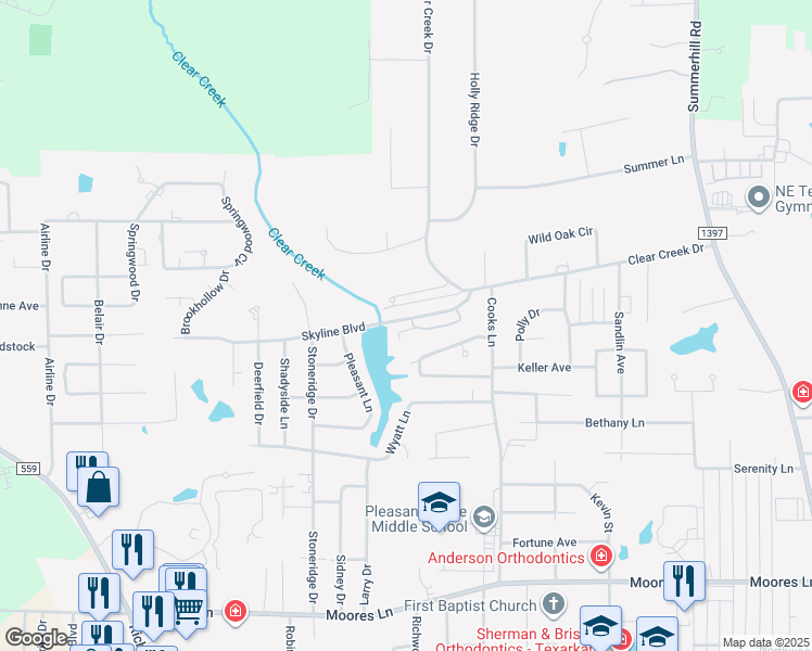 map of restaurants, bars, coffee shops, grocery stores, and more near 5 Valley View Circle in Texarkana