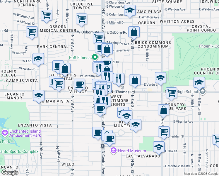 map of restaurants, bars, coffee shops, grocery stores, and more near 2901 North Central Avenue in Phoenix