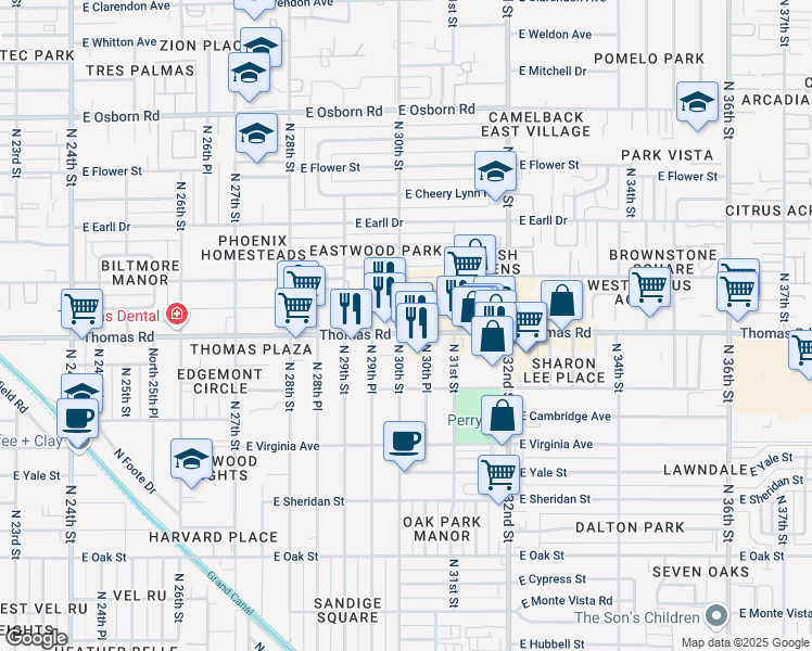 map of restaurants, bars, coffee shops, grocery stores, and more near in Phoenix