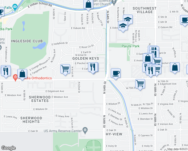 map of restaurants, bars, coffee shops, grocery stores, and more near 6350 East Thomas Road in Scottsdale