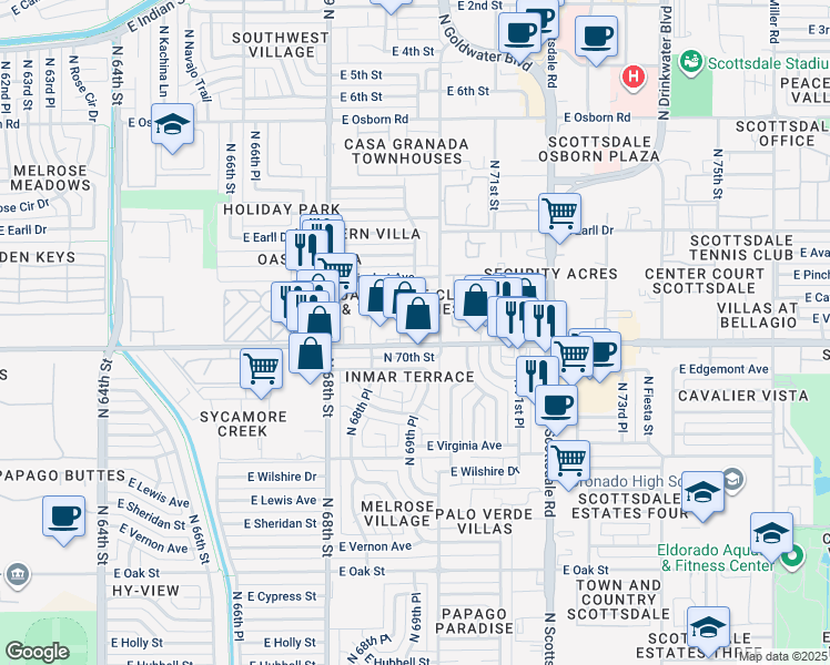 map of restaurants, bars, coffee shops, grocery stores, and more near 6911 East Thomas Road in Scottsdale