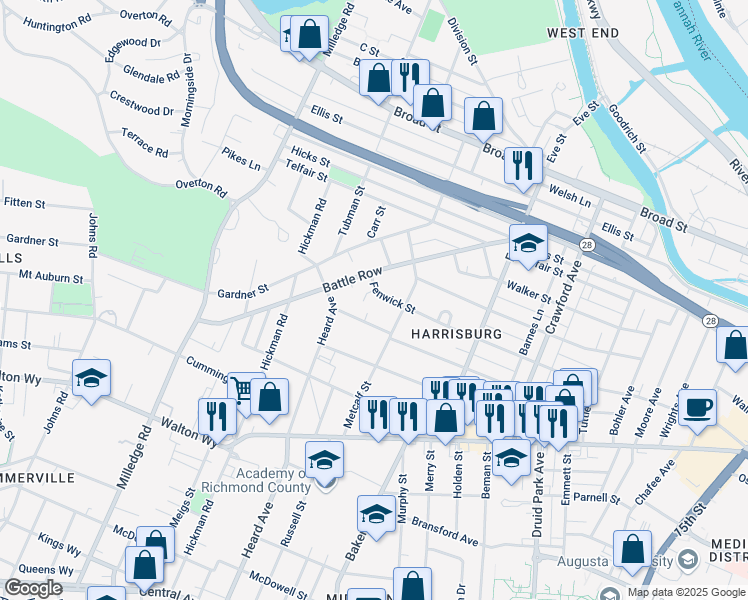 map of restaurants, bars, coffee shops, grocery stores, and more near 2038 Fenwick Street in Augusta