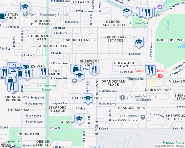 map of restaurants, bars, coffee shops, grocery stores, and more near 2930 North 52nd Street in Phoenix