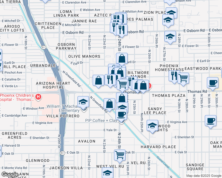 map of restaurants, bars, coffee shops, grocery stores, and more near 2323 East Thomas Road in Phoenix