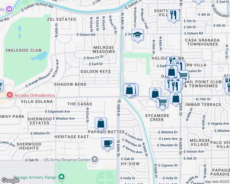 map of restaurants, bars, coffee shops, grocery stores, and more near 6390 East Thomas Road in Scottsdale