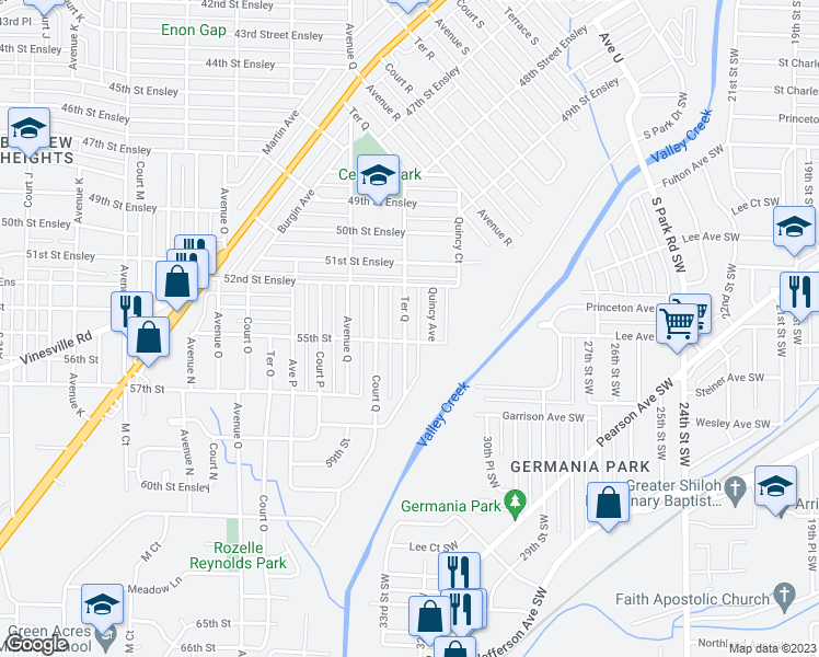map of restaurants, bars, coffee shops, grocery stores, and more near 5313 Ter Q in Birmingham