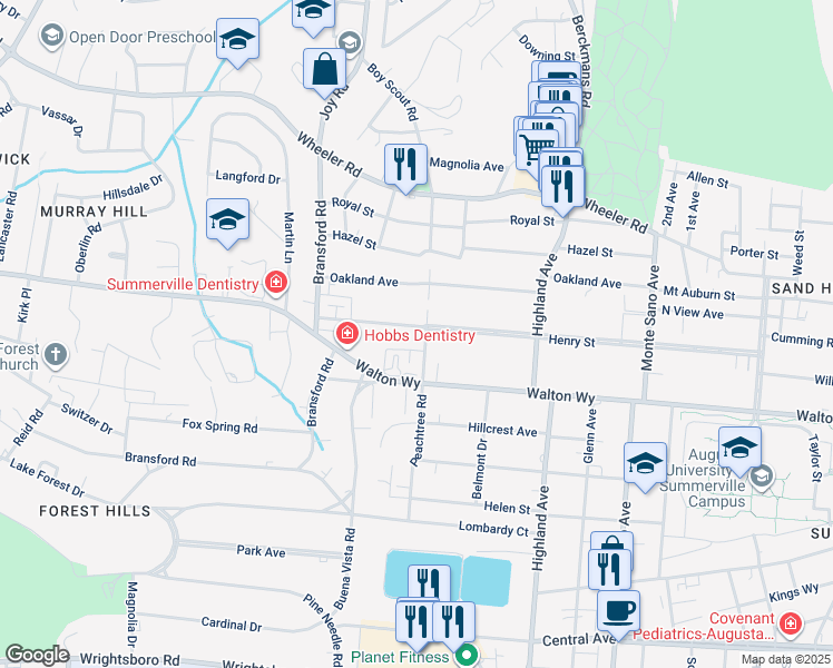 map of restaurants, bars, coffee shops, grocery stores, and more near 601 Peachtree Road in Augusta