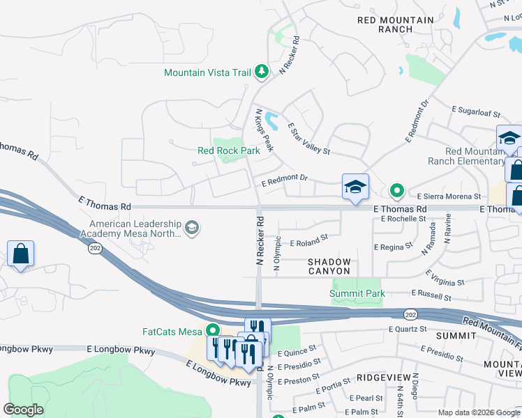 map of restaurants, bars, coffee shops, grocery stores, and more near E Thomas Rd & N Recker Rd in Mesa
