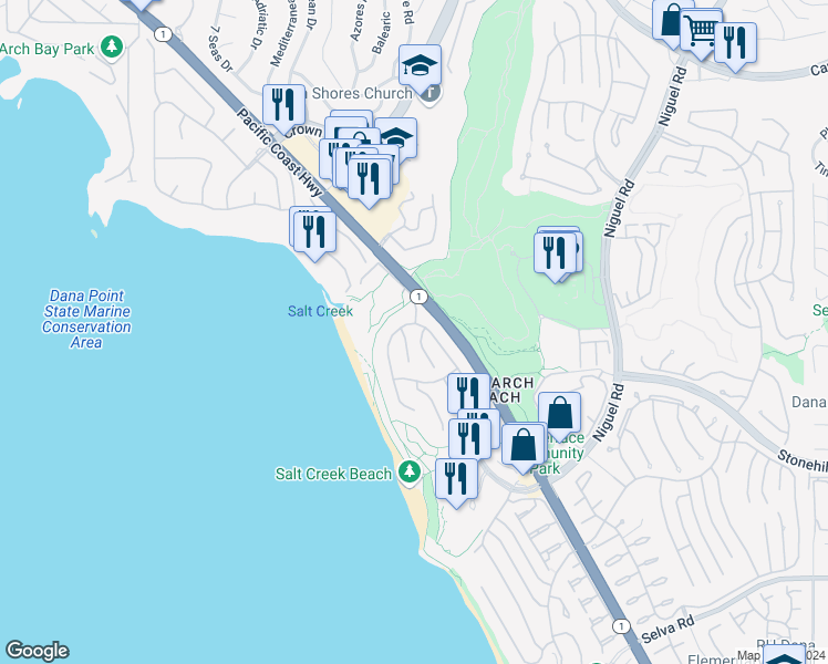 map of restaurants, bars, coffee shops, grocery stores, and more near 51 Ritz Cove Drive in Dana Point