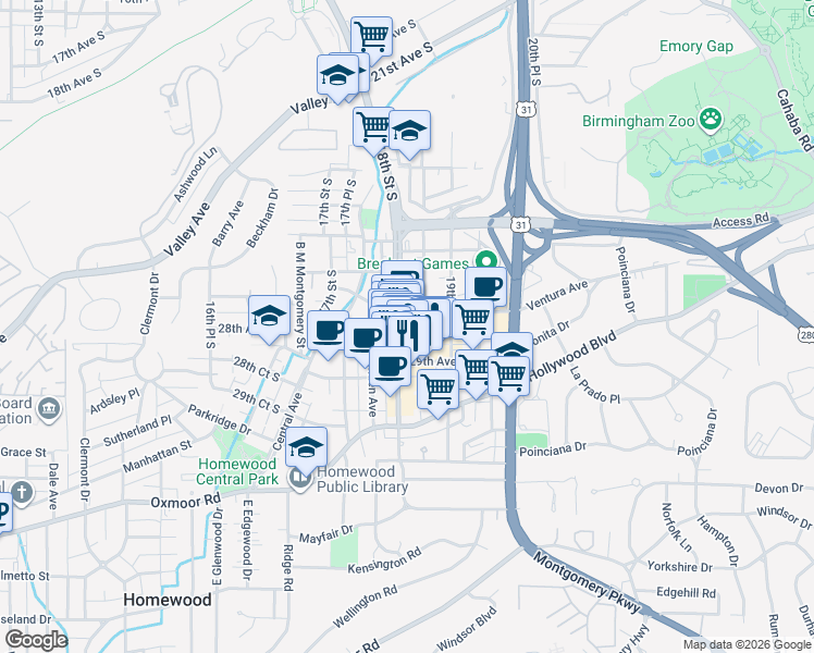 map of restaurants, bars, coffee shops, grocery stores, and more near 2835 18th Street South in Homewood