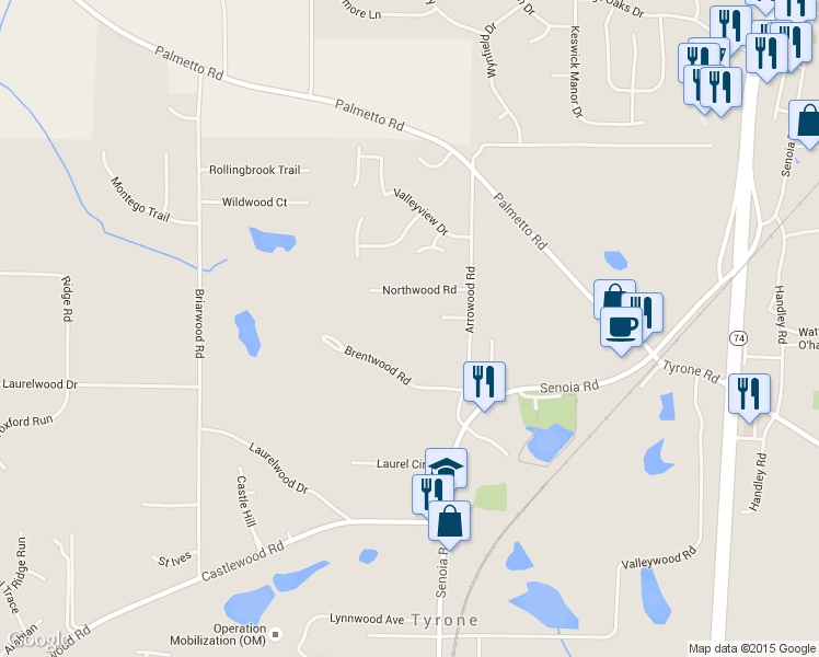 map of restaurants, bars, coffee shops, grocery stores, and more near 130 Alison Way in Tyrone