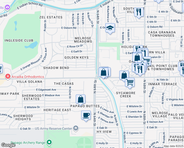 map of restaurants, bars, coffee shops, grocery stores, and more near 6390 East Thomas Road in Scottsdale