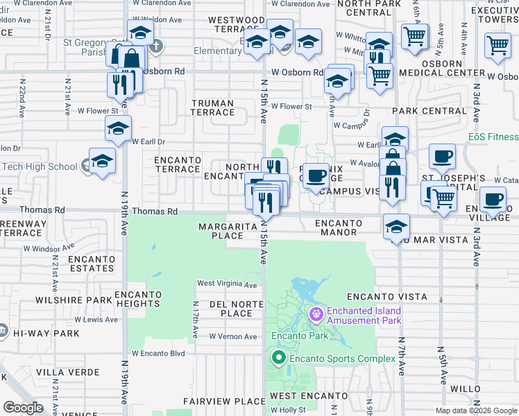 map of restaurants, bars, coffee shops, grocery stores, and more near 1502 West Thomas Road in Phoenix