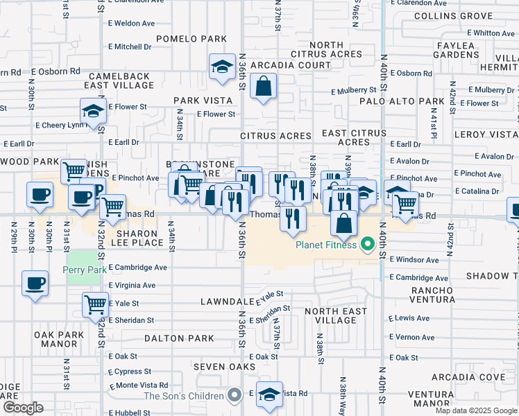 map of restaurants, bars, coffee shops, grocery stores, and more near 2929 North 36th Street in Phoenix