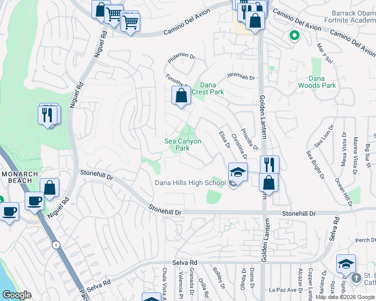 map of restaurants, bars, coffee shops, grocery stores, and more near 33186 Trinidad Drive in Dana Point