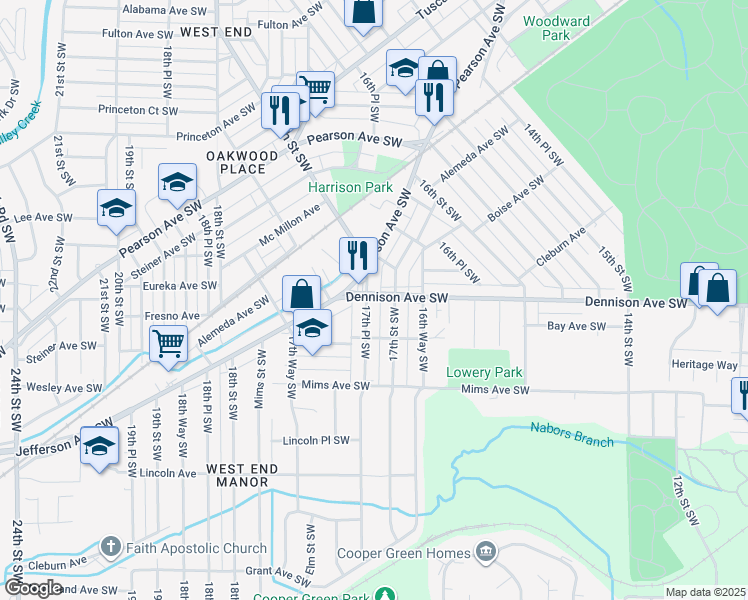 map of restaurants, bars, coffee shops, grocery stores, and more near 1209 17th Place Southwest in Birmingham