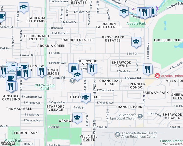 map of restaurants, bars, coffee shops, grocery stores, and more near 5146 East Verde Lane in Phoenix