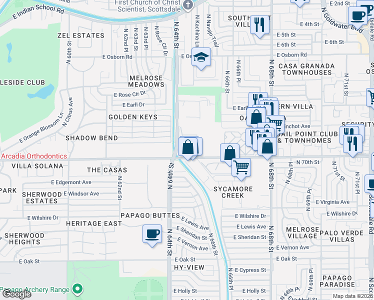 map of restaurants, bars, coffee shops, grocery stores, and more near 6400 East Thomas Road in Scottsdale
