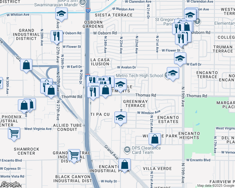 map of restaurants, bars, coffee shops, grocery stores, and more near 2590 West Verde Lane in Phoenix