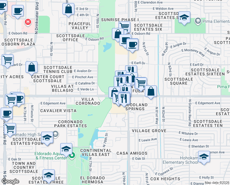 map of restaurants, bars, coffee shops, grocery stores, and more near 7910 East Thomas Road in Scottsdale