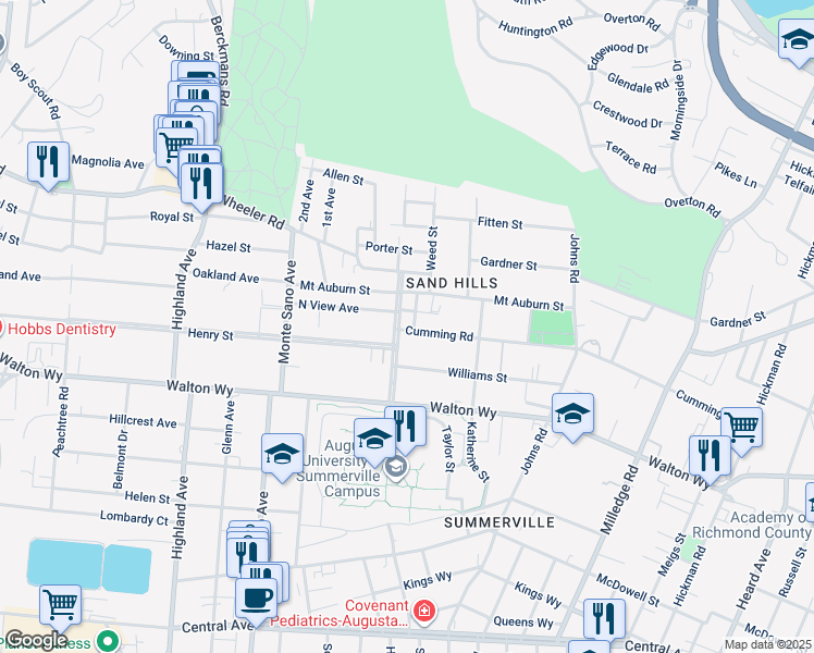 map of restaurants, bars, coffee shops, grocery stores, and more near 808 Fleming Avenue in Augusta