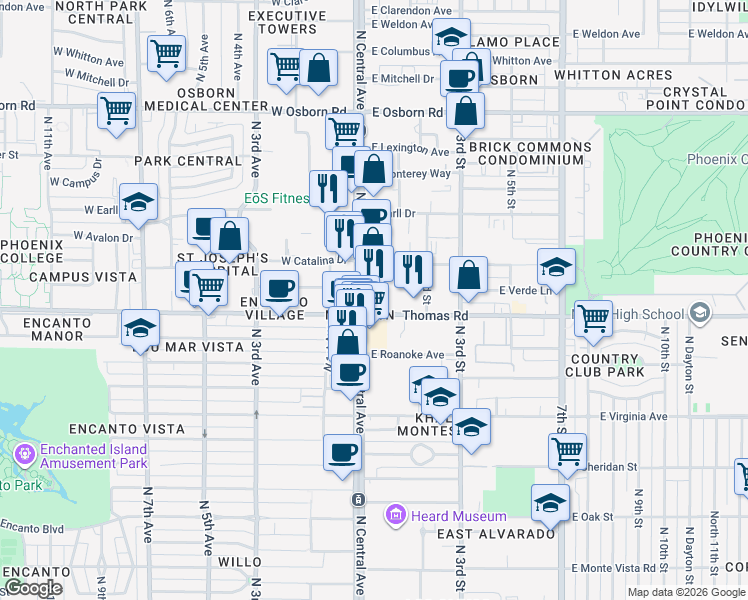 map of restaurants, bars, coffee shops, grocery stores, and more near 2901 North Central Avenue in Phoenix