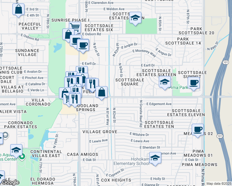 map of restaurants, bars, coffee shops, grocery stores, and more near 2926 North 82nd Street in Scottsdale