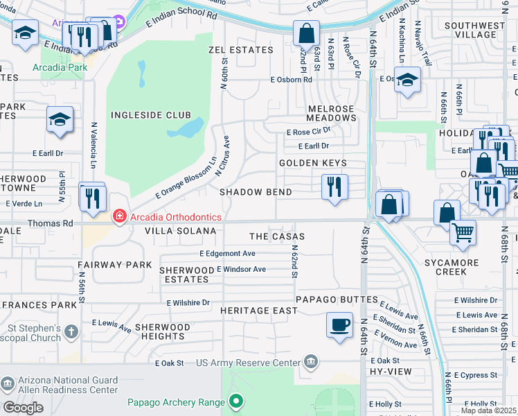 map of restaurants, bars, coffee shops, grocery stores, and more near 2938 North 61st Place in Scottsdale