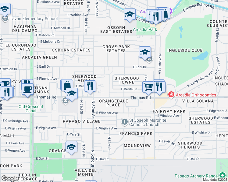 map of restaurants, bars, coffee shops, grocery stores, and more near 5331 East Pinchot Avenue in Phoenix