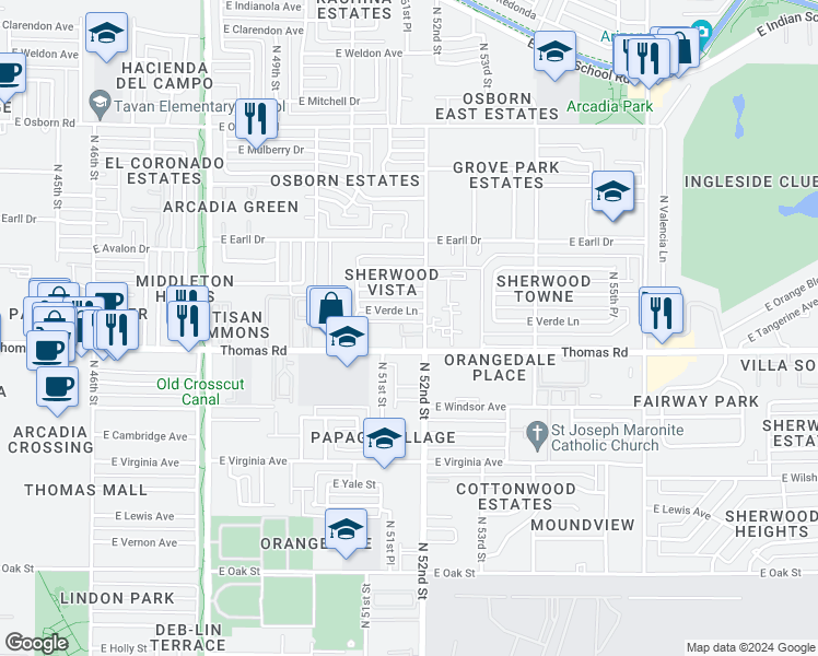 map of restaurants, bars, coffee shops, grocery stores, and more near 5146 East Verde Lane in Phoenix