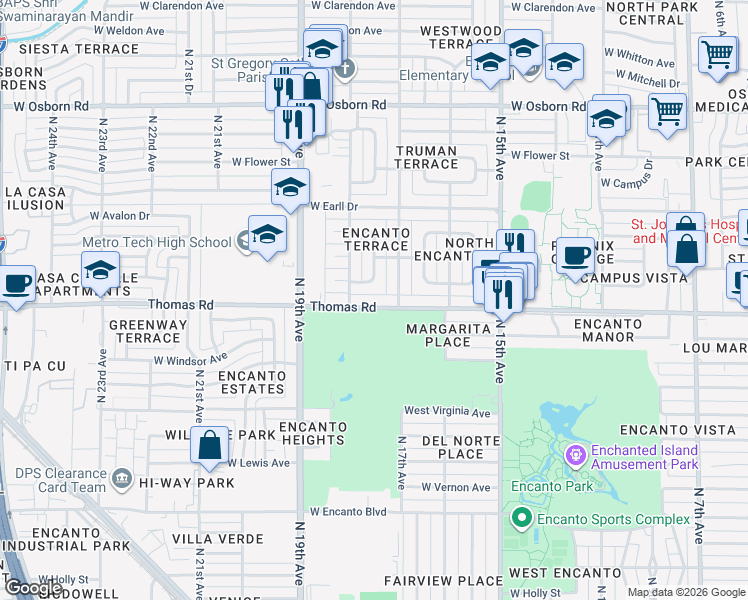 map of restaurants, bars, coffee shops, grocery stores, and more near 2917 North 17th Drive in Phoenix
