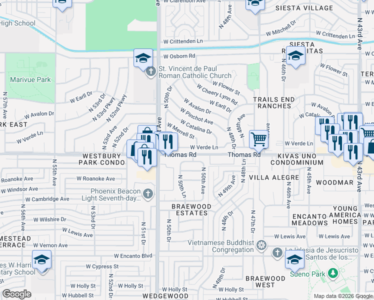 map of restaurants, bars, coffee shops, grocery stores, and more near 2913 North 50th Avenue in Phoenix