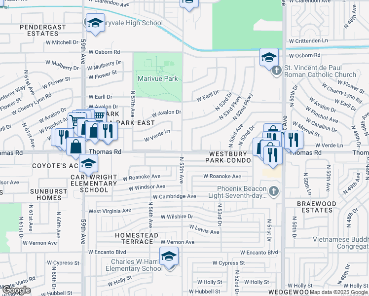 map of restaurants, bars, coffee shops, grocery stores, and more near 2917 North 55th Avenue in Phoenix