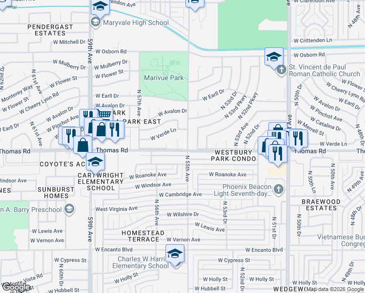 map of restaurants, bars, coffee shops, grocery stores, and more near 2922 North 55th Drive in Phoenix