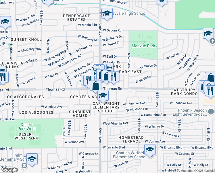 map of restaurants, bars, coffee shops, grocery stores, and more near 5848 West Thomas Road in Phoenix