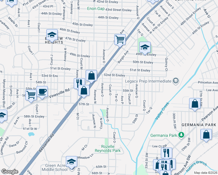 map of restaurants, bars, coffee shops, grocery stores, and more near 1508 53rd Street Ensley in Birmingham