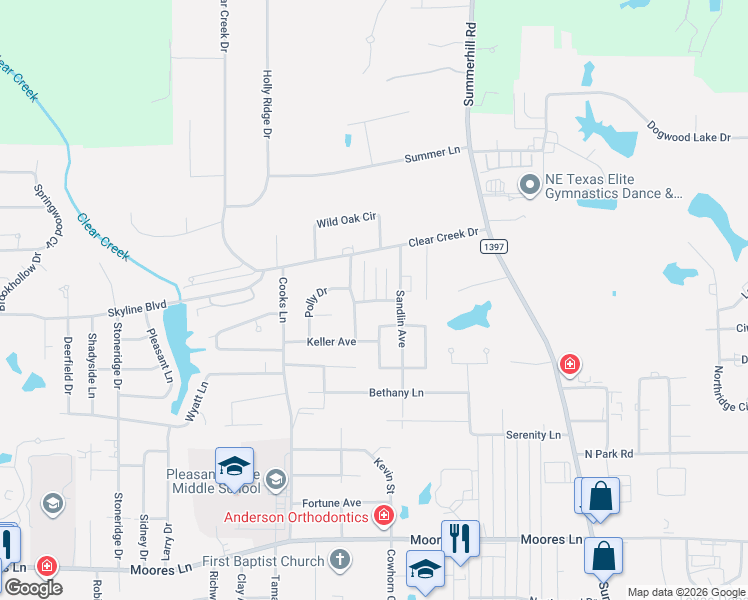 map of restaurants, bars, coffee shops, grocery stores, and more near 6220 Gould Place in Texarkana