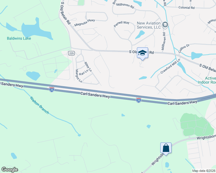 map of restaurants, bars, coffee shops, grocery stores, and more near 1347 Wendell Lane in Grovetown