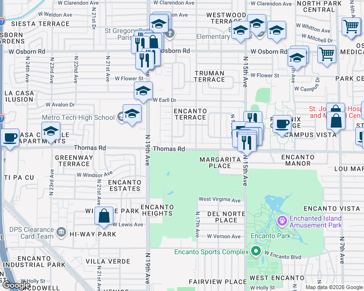 map of restaurants, bars, coffee shops, grocery stores, and more near 2917 North 17th Drive in Phoenix