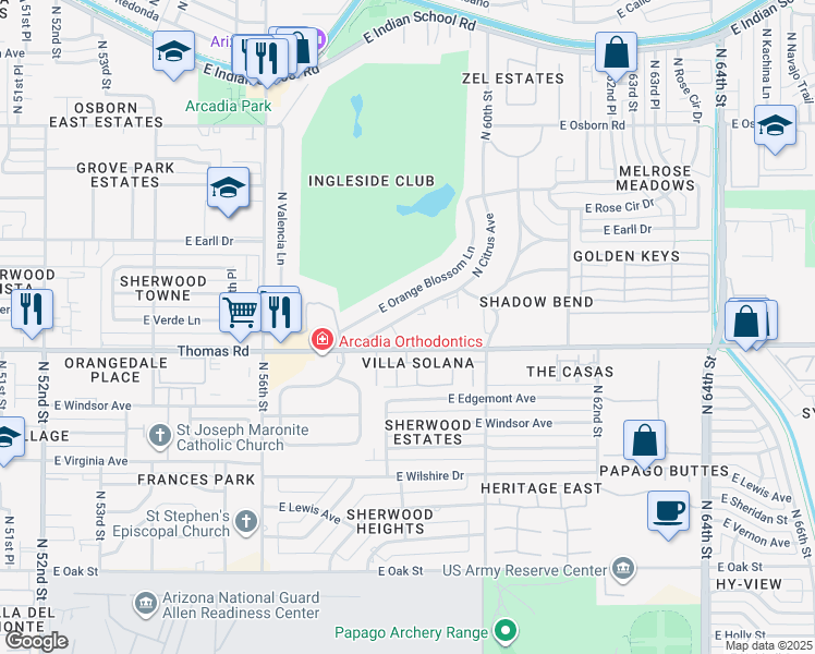 map of restaurants, bars, coffee shops, grocery stores, and more near 5900 East Thomas Road in Scottsdale